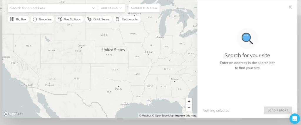 Location finder map of the United States to search for a retail site