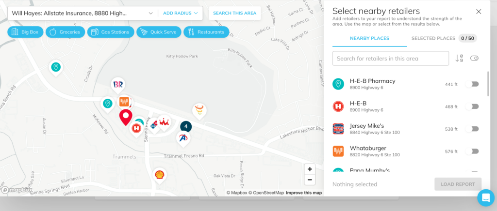Retail locations on a map near to a selected location for void analysis