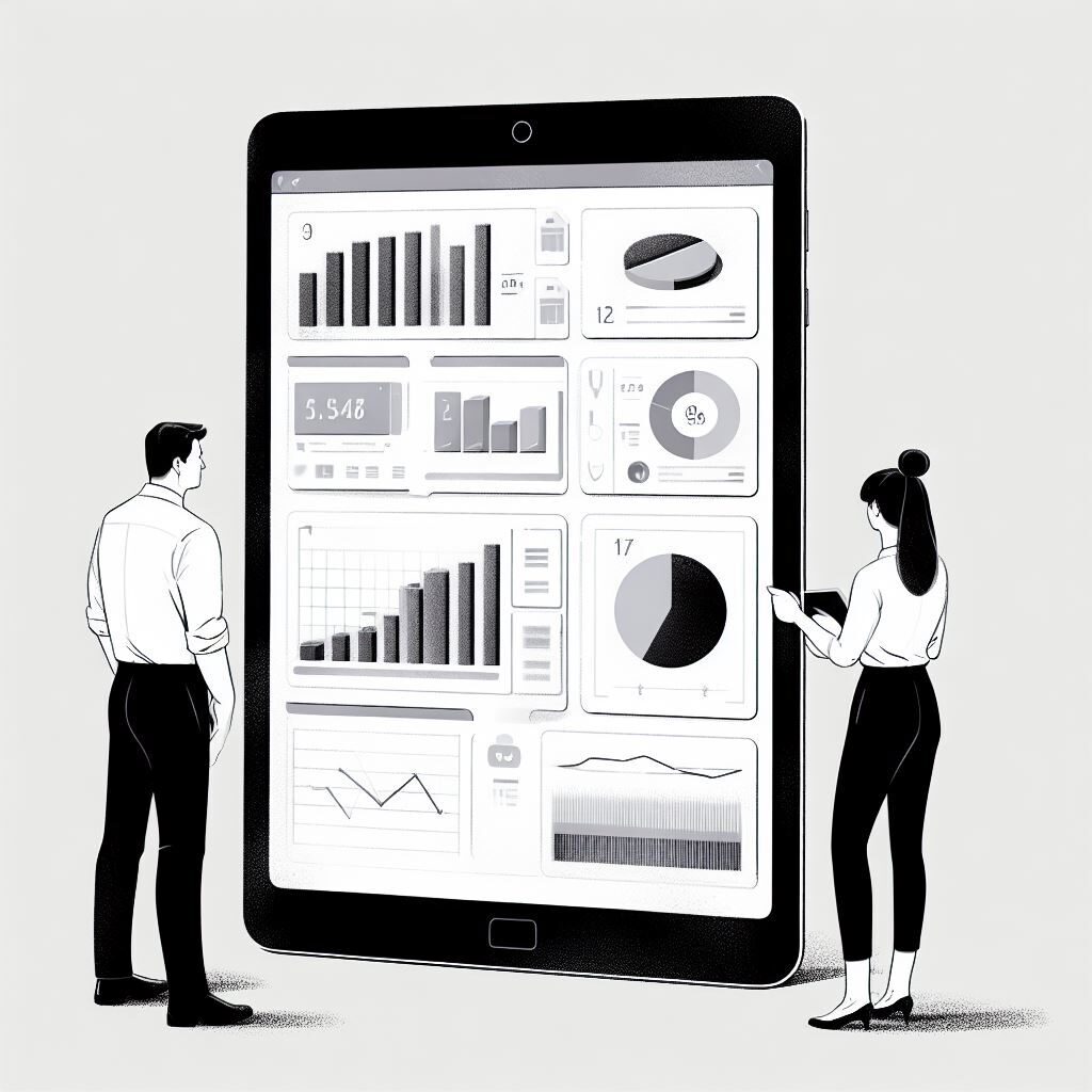 Man and woman looking at large tablet screen of retail business intelligence reports