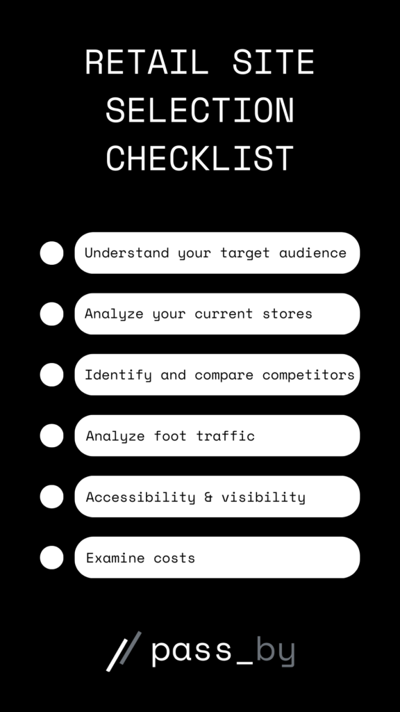 Retail site selection checklist with six steps: understand target audience, analyse stores, identify competitors, analyse foot traffic, accessibility & examine costs.