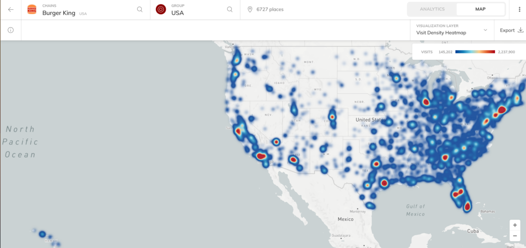 Burger King fast food chain foot traffic heat map in the USA