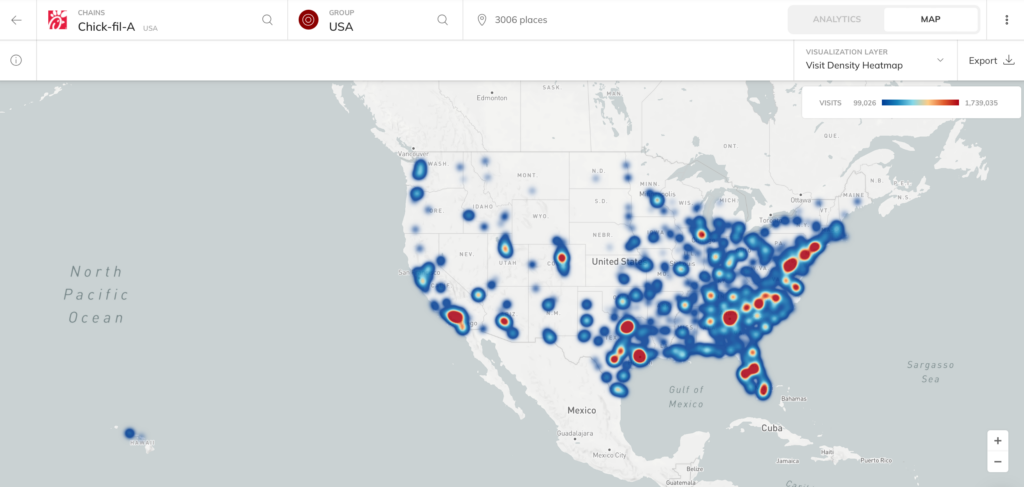 Chick-fil-A fast food chain foot traffic heat map in the USA