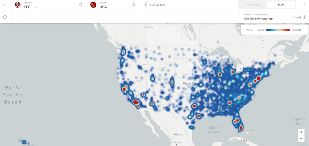 KFC fast food chain foot traffic heat map in the USA