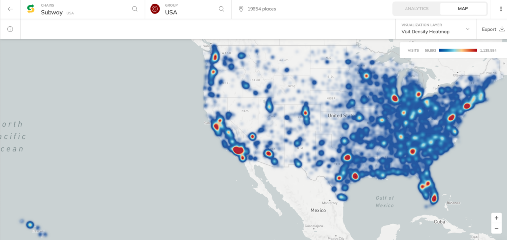 Subway fast food chain foot traffic heat map in the USA