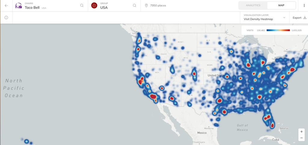 Taco Bell fast food chain foot traffic heat map in the USA