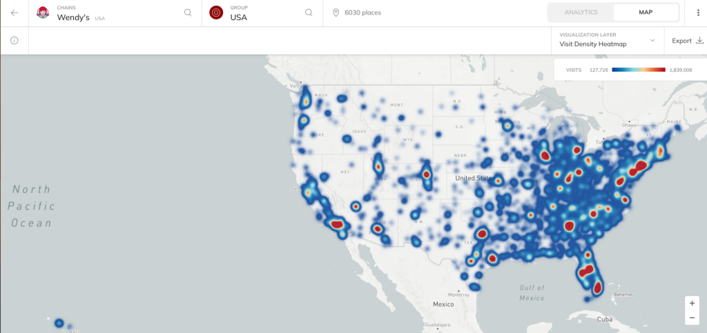 Wendy's fast food chain foot traffic heat map in the USA