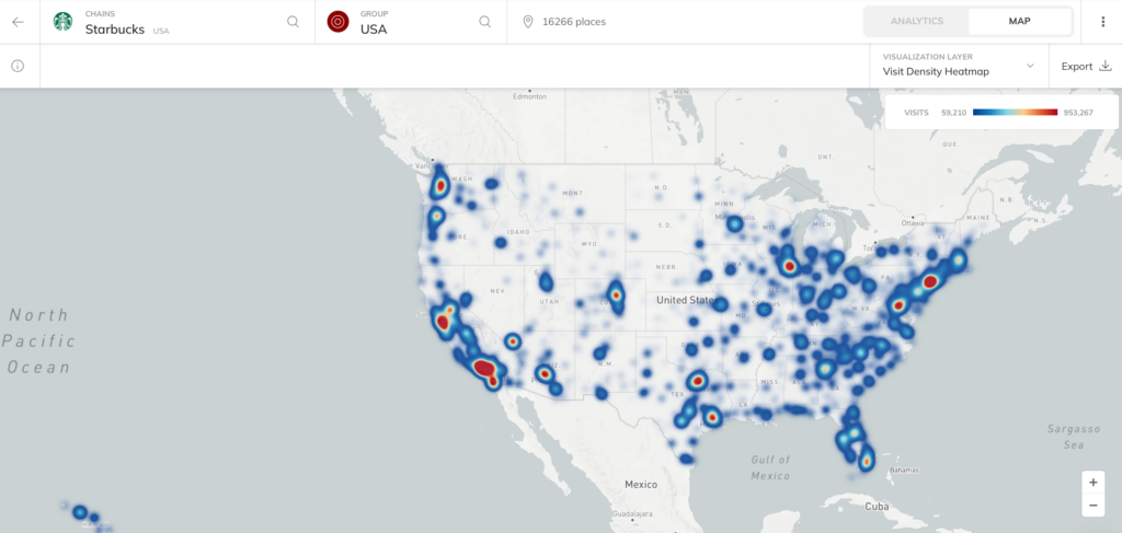 Starbucks fast food chain foot traffic heat map in the USA