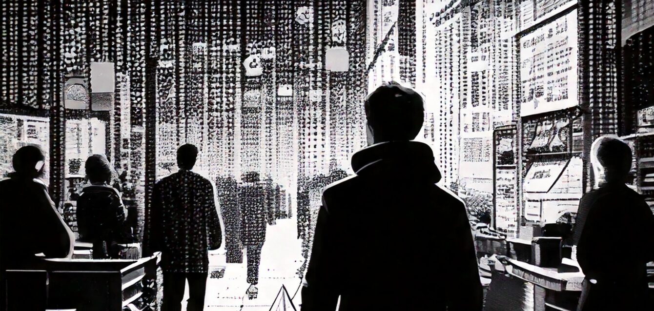 Firefly shoppers in stores on black friday where the image is made up of data patterns only using th