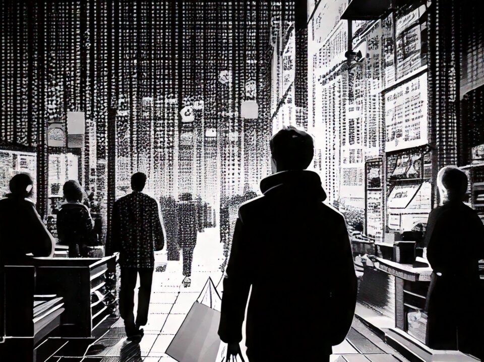 Firefly shoppers in stores on black friday where the image is made up of data patterns only using th