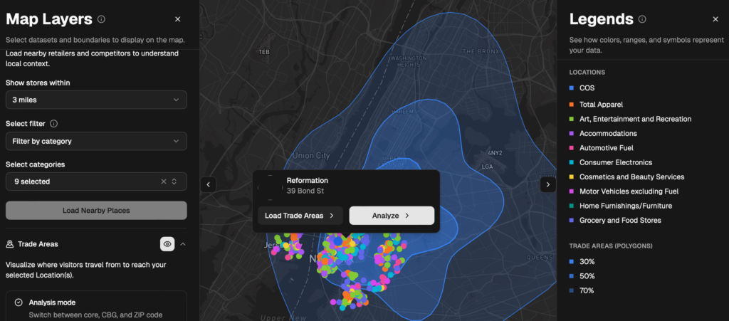 Selecting a specific retailer for catchment area analysis in almanac by PassBy