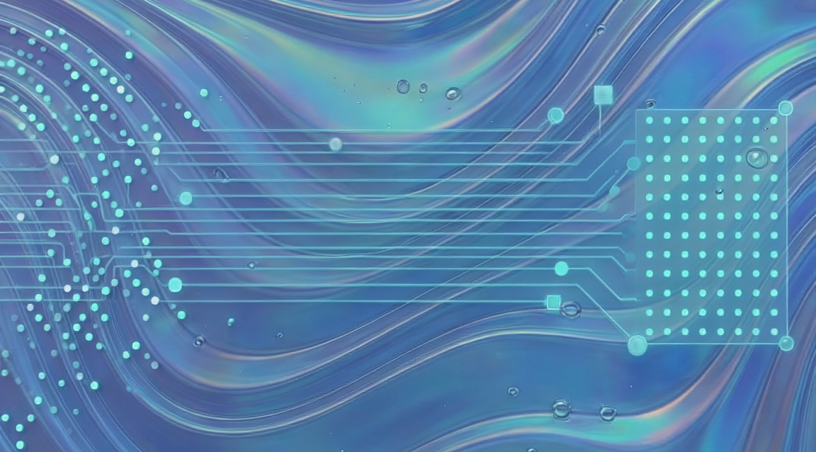 Firefly_Abstract dark navy composition showing a structured grid of small glowing teal and wh 781728