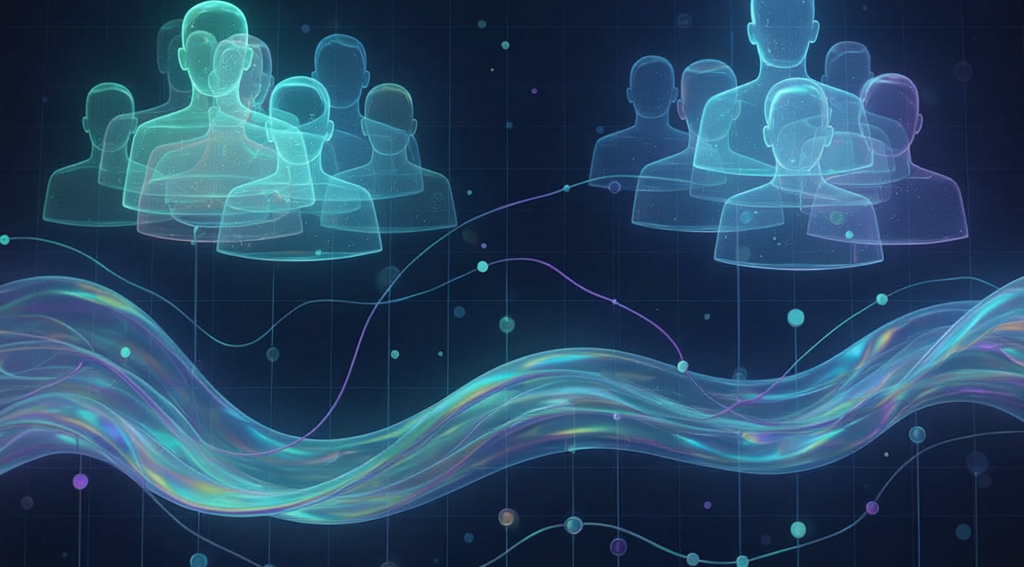 Firefly_Dark navy background (#1a1a2e). Abstract visualization of diverse customer silhouette 565453