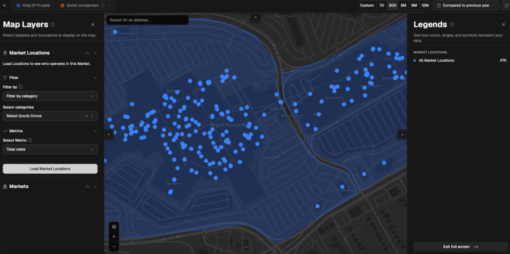 Tenant mix of a shopping mall shown in Almanac's map view
