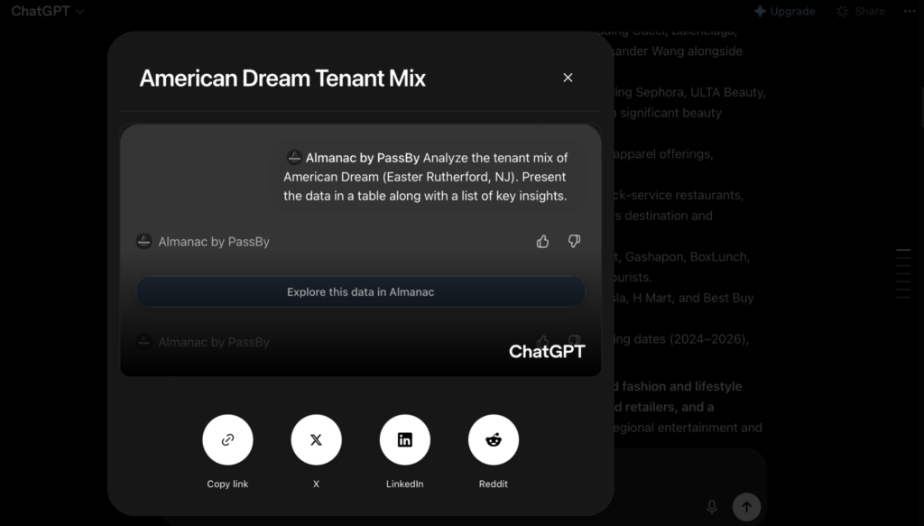 ChatGPT chat tenant mix link and social share through the Almanac app by PassBy