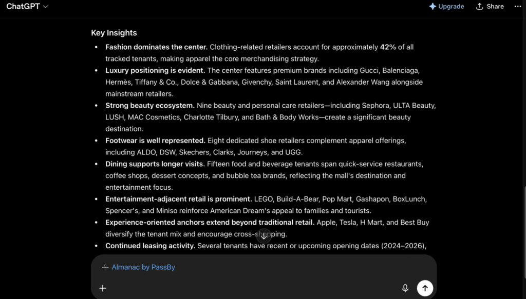 AI key insights on tenant mix using the Almanac by PassBy app